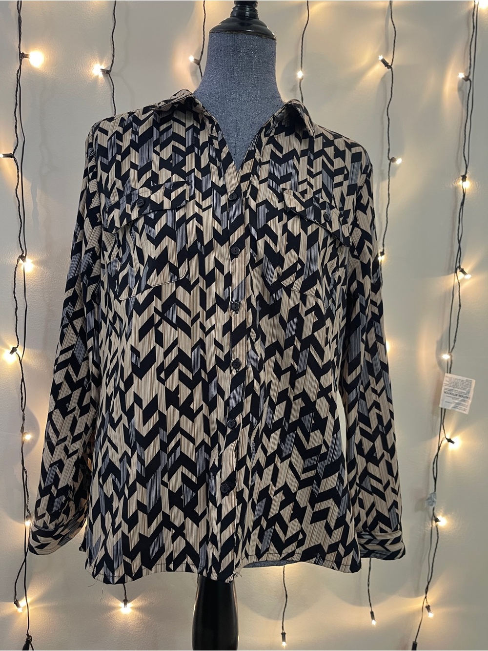 Kim Rogers Geometric Button-Down Shirt in Black and Tan